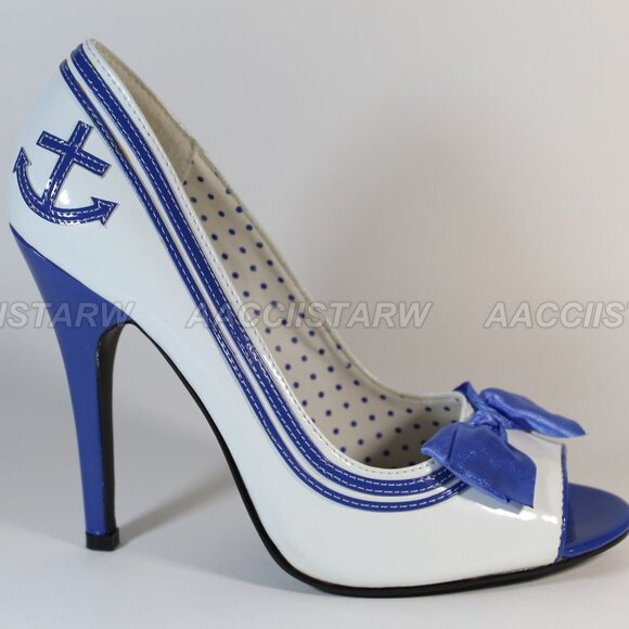 Ellie Anchor sailor cosplay white blue peep toe 5 inch heels size 9 - Picture 5 of 12